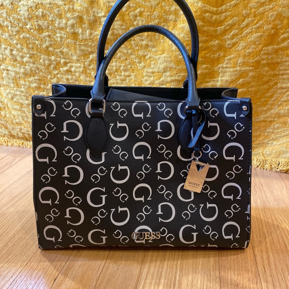 GUESS Black and White Satchel with Logo Pattern
